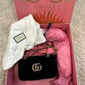 Gucci velvet black mini marmont shoulder crossbody bag antique gold hardware